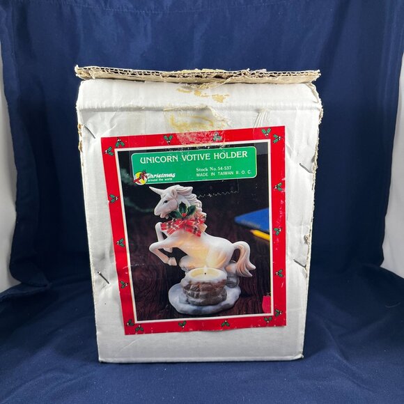 Vintage Unicorn Ceramic Votive Candle Holder With Holiday Bow 1980s Christmas De - Picture 1 of 7